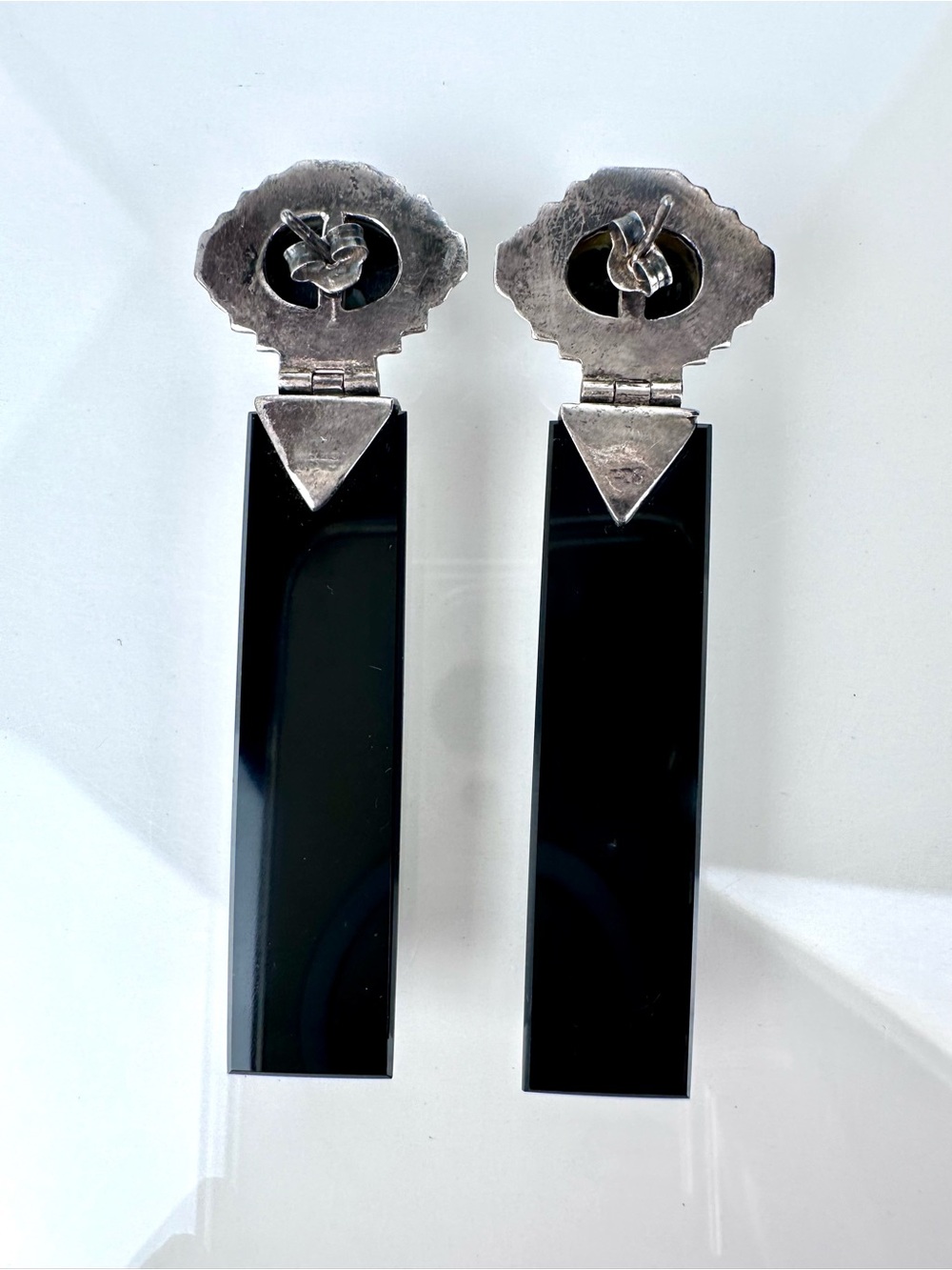 Vintage 925 Sterling Silver Black Onyx Art Deco Architectural Earrings - Picture 11 of 12